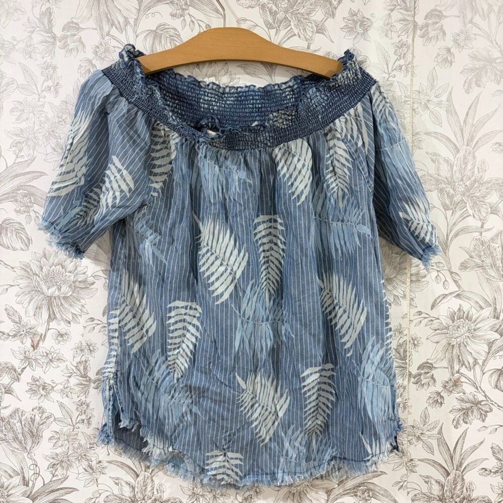 Standard Grace Top Womens Med Blue Tropical Print Fringe Frayed Hem Off Shoulder